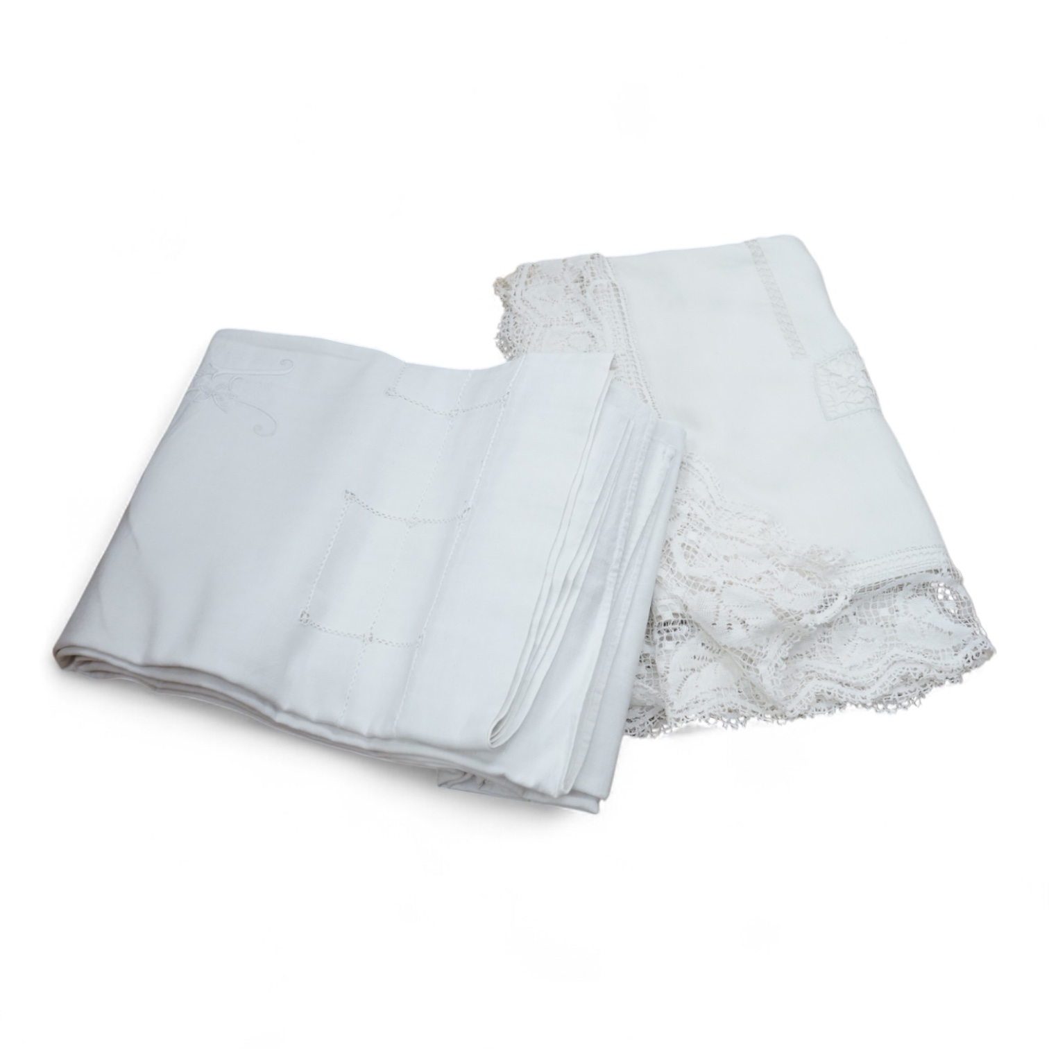 A French provincial linen sheet with lace edge and insertions plus a pair of similar sheets with drawn thread and monograms